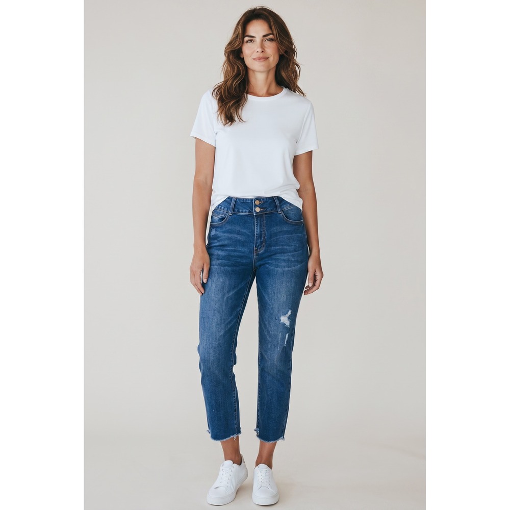 SimplYoung Womens High Rise Distressed Cropped Jeans Medium Wash Size 15